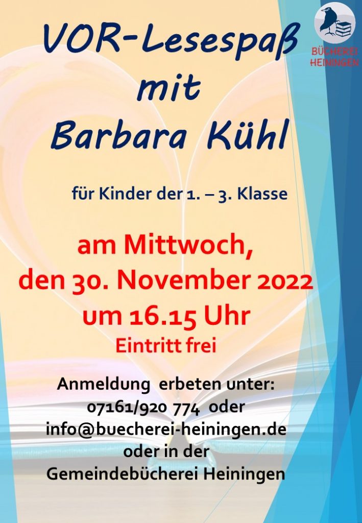 Vorlesespaß mit Barbara Kühl am Mittwoch, 30.11.2022 um 16:15 Uhr. Für Kinder der 1.-3. Klasse. Anmeldung in der Bücherei erwünscht.